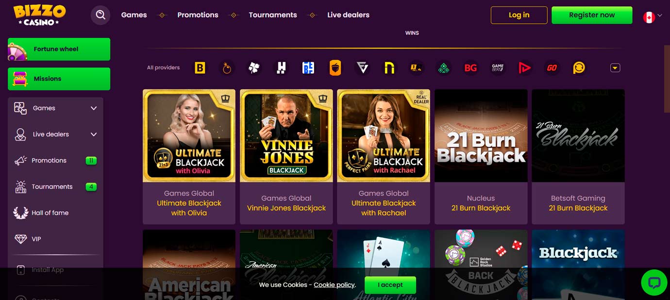 Bizzo Casino Ultimate Blackjack game selection