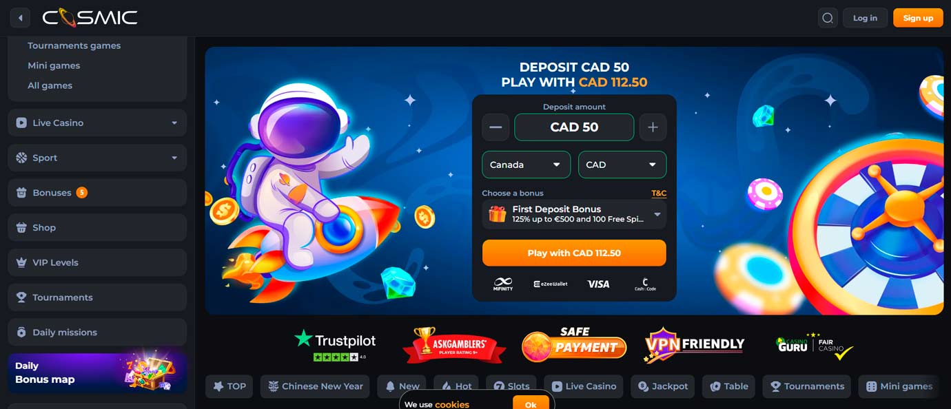 CosmicSlot 125% deposit bonus for Canadian players