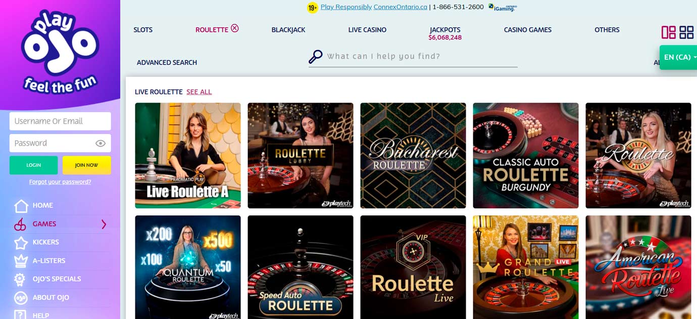 PlayOJO casino games and live roulette selection