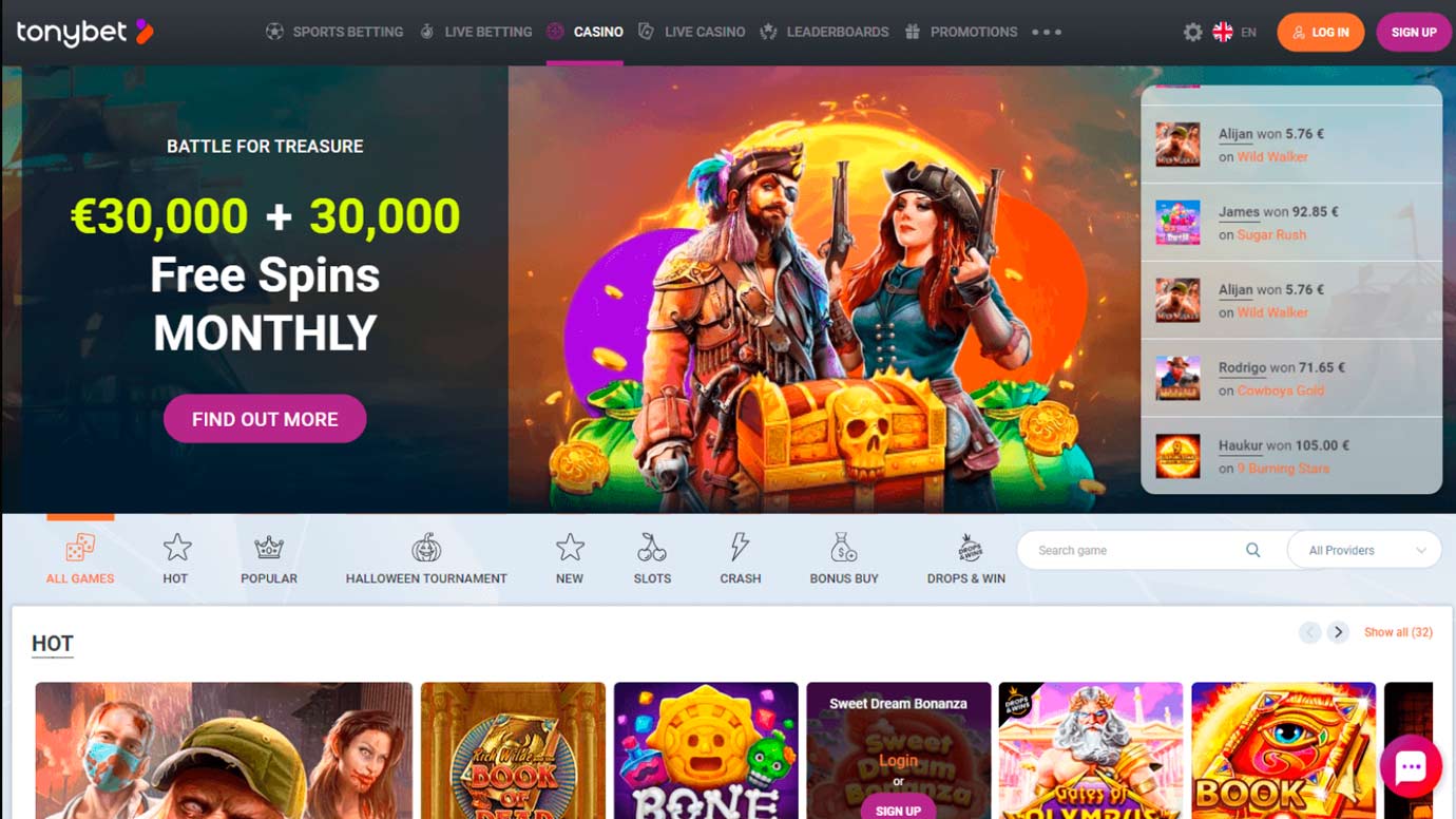 TonyBet casino slot tournament with player wins